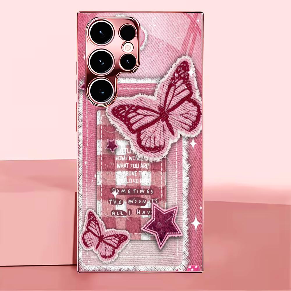 Pink butterfly sticker Madam pink  Glass  PhoneCase for Samsung Galaxy S26 S25 S24 S23 S22 FE Ultra Plus Dropresistant Female