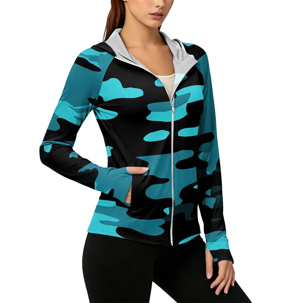 Womens Zip Up Hoodie Lightweight Long Sleeve Camouflage Print Sun Protection Jacket with Hood and Pockets for Outdoor Activities