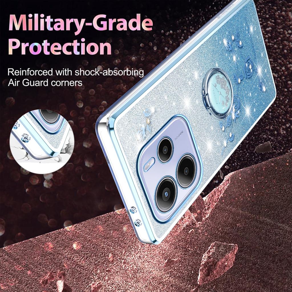 For Xiaomi Redmi Note 14 Pro 4G Case Ring Kickstand TPU Flowers Phone Cover Gradient Glitter