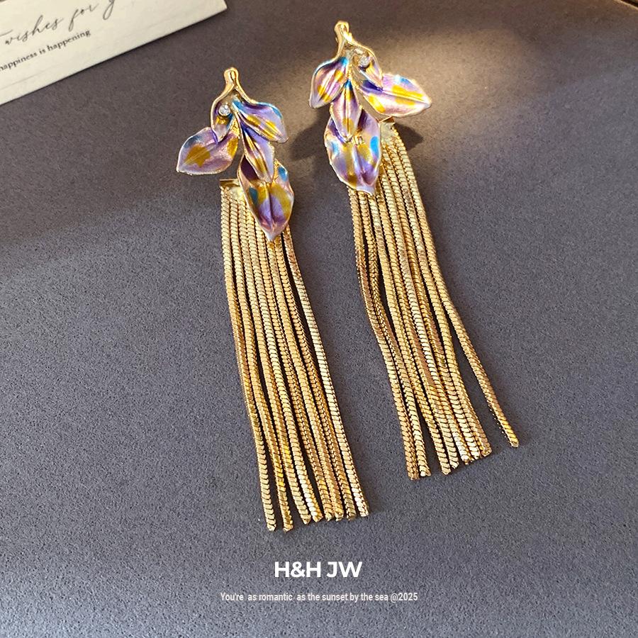 Silver Needle Diamond Colored Leaf Fringed Earrings Light Luxury Premium Earrings Fashion Personality Earrings Design Sense Niche