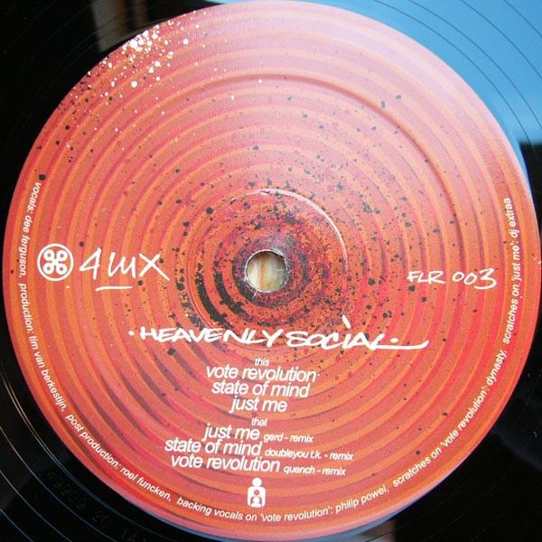 12-дюймовая пластинка HEAVENLY SOCIAL Vote Revolution FLR003 4 Lux 2003 Нидерланды Танцевальная Электроника Б/у