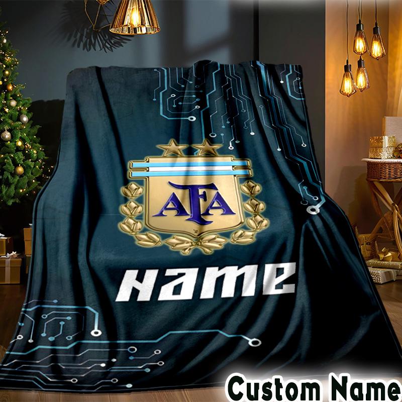 Custom Name Argentina Football Crest Throws Blanket Flannel Blankets for Couch Bed Gifts for Men Women Picnic blanket Christmas fan gifts