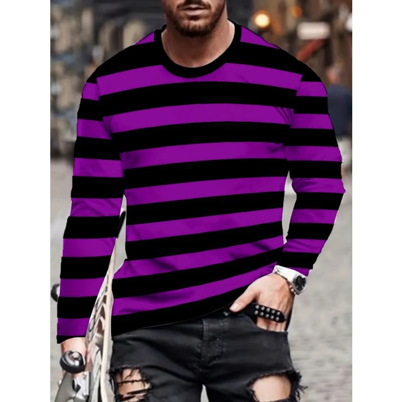 Мужская 3D Мода/Полосатый Принт Круглый Вырез/Длинный Рукав Футболка/Мягкая и Удобная/Универсальный Мужской Топ/Стиль Улиц/Подходит для Приключений на Открытом Воздухе