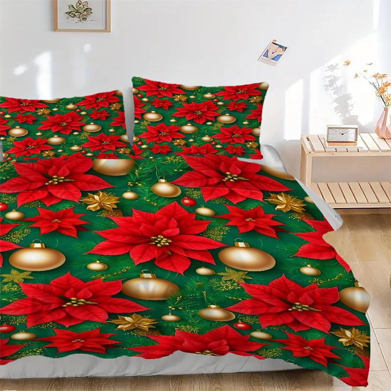 3pcs Christmas Poinsettia Bedding Set, Breathable and Soft, Suitable for Bedroom Decor (1*Duvet Cover + 1/2*Pillowcases, No Core) yy250821154