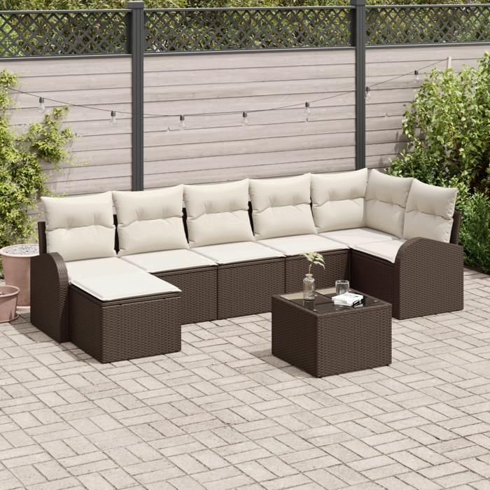 Canapé de jardin 7 pièces avec coussins gris poly rotin, Canapé 2 places de jardin avec rangement et coussins marron poly 3354807