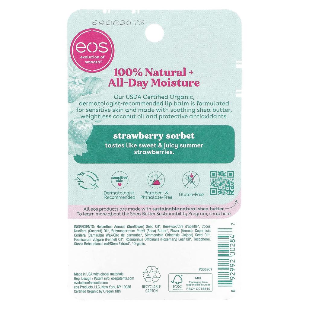 EOS, 100% натуральный органический бальзам для губ, клубничный сорбет, 7 г (0,25 унции)