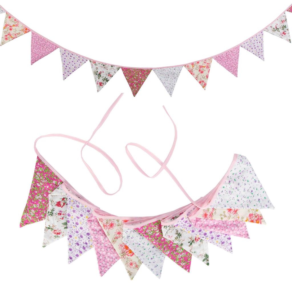 Pink Pastoral Floral Cotton Bunting: Children's Party or Wedding Decoration Hanging Flag