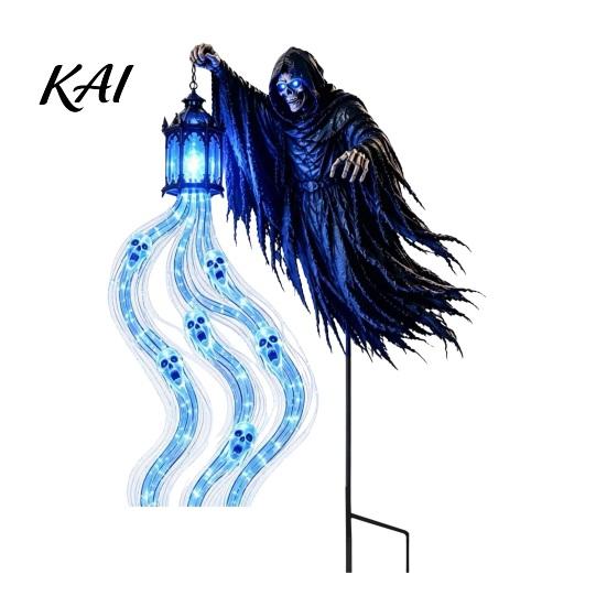 Halloween Party Supplies Grim Reaper Garden Stake Light, Battery Powered Outdoor Spooky Waterfall Glow Lights Pathway Lamp with Lantern for Lawn Path