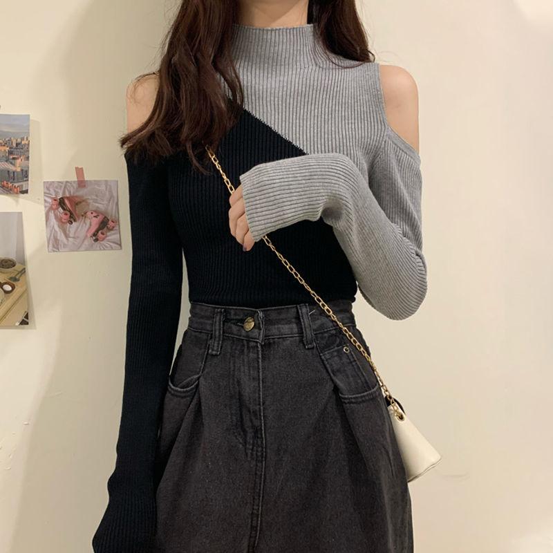 Свитер женский, полуводолазка без бретелек, сексуальный пуловер, трикотаж, тонкий корейский лоскутный топ, модный свитер, осенне-зимний джемпер