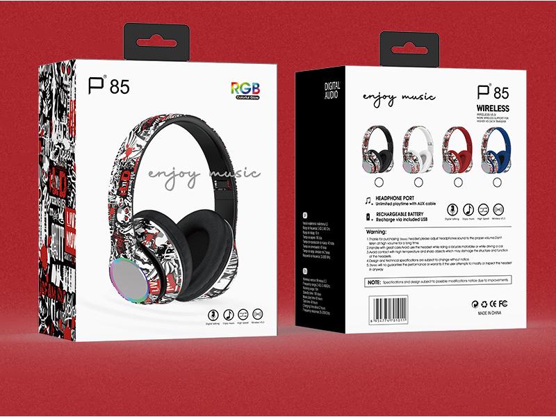 Беспроводные накладные Bluetooth-наушники P85: Яркий дизайн граффити, Крутой светящийся RGB, Глубокие басы, Складные.