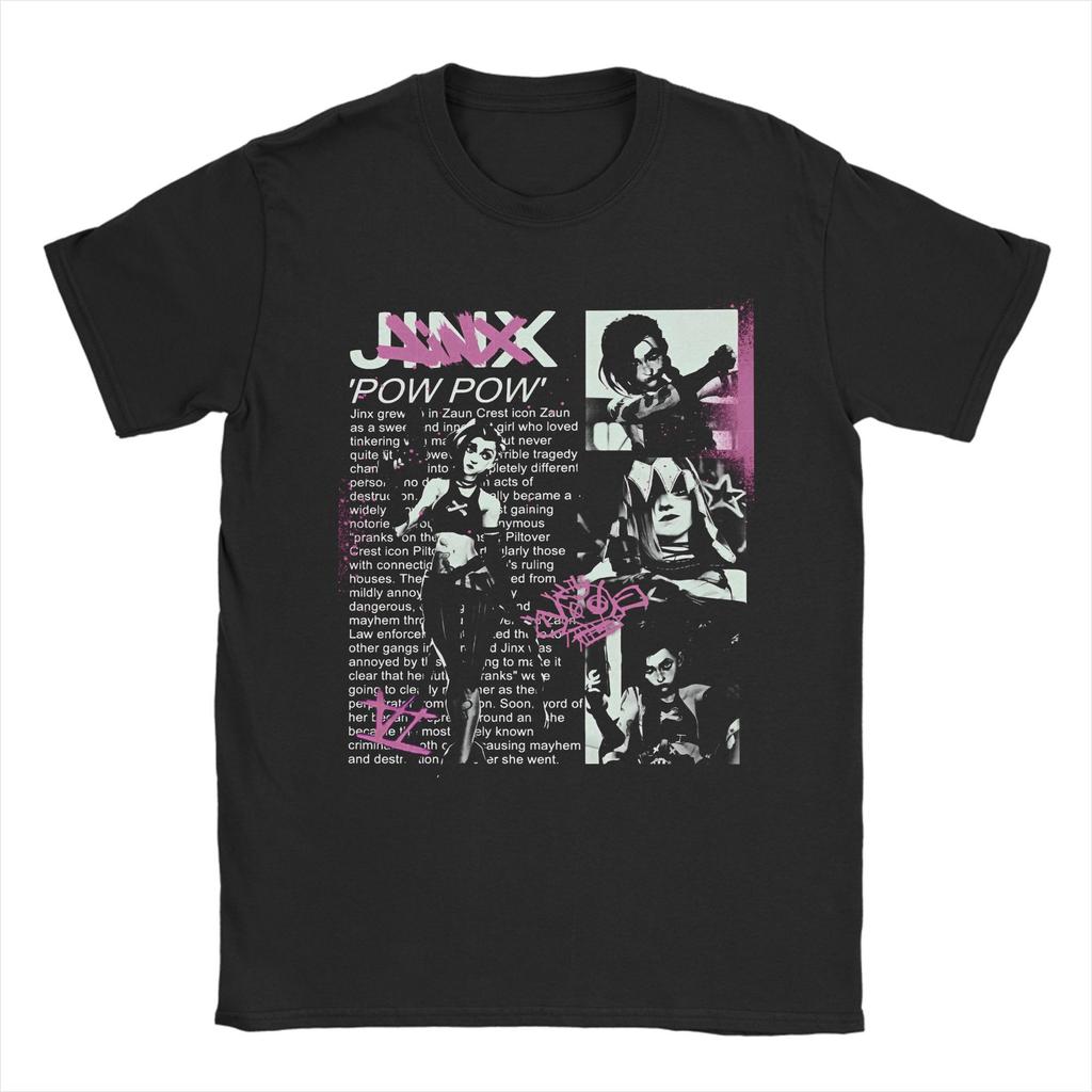 Crazy Arcane Poster Jinx Vi Sister T-Shirt for Men Crewneck Cotton T Shirts Anime Game Short Sleeve Tees Plus Size Merch