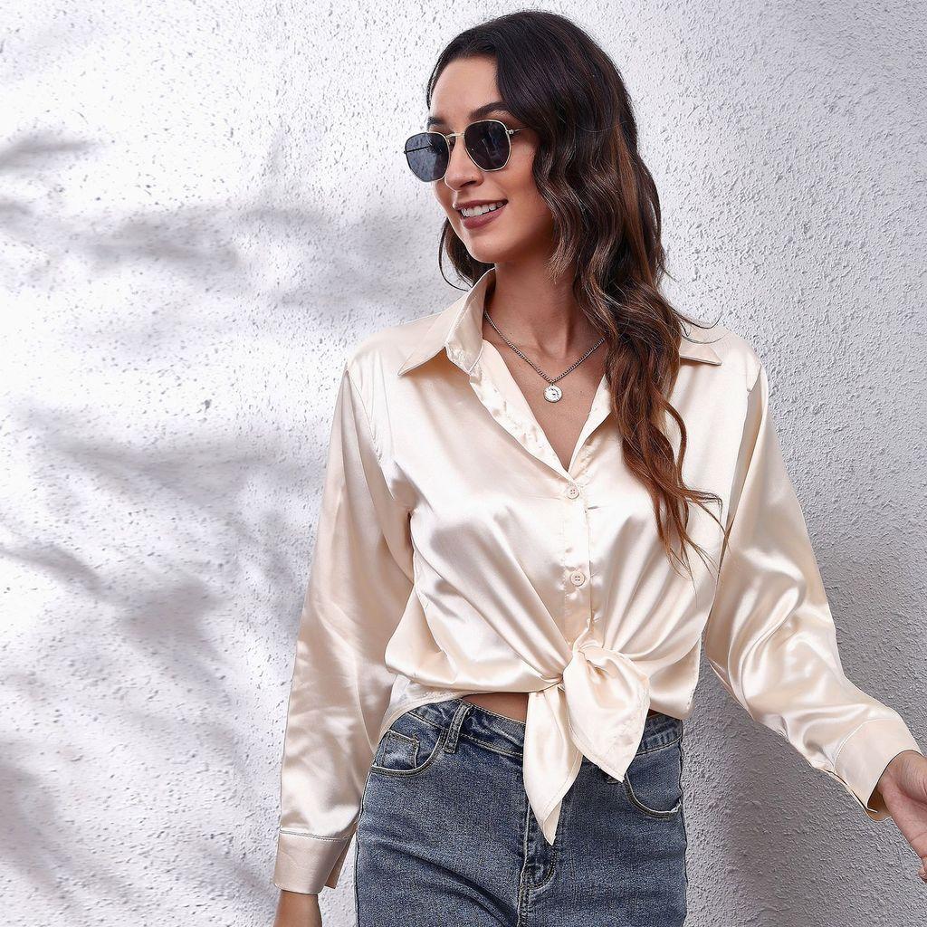 Satin Shirt For Women With Long Sleeves And Button Front For Office Wear
