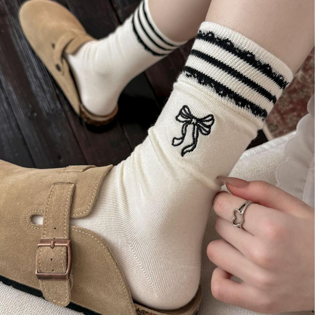 Striped Bow Socks, Socks, Spring And Autumn Cotton Socks, Trendy Korean German Training Shoes, Cute Stockings