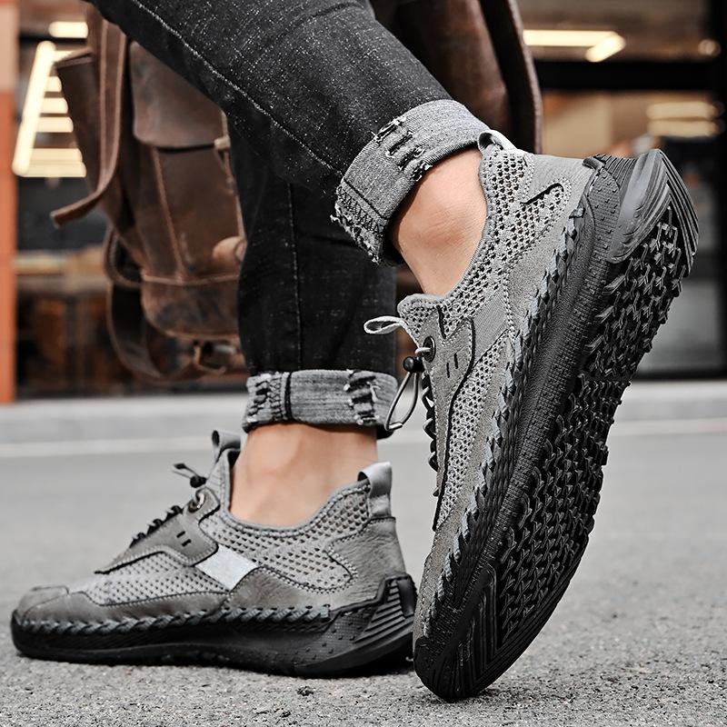 Мужские повседневные кроссовки удобные большого размера сшитые из коровьей кожи сетчатые туфли тренд