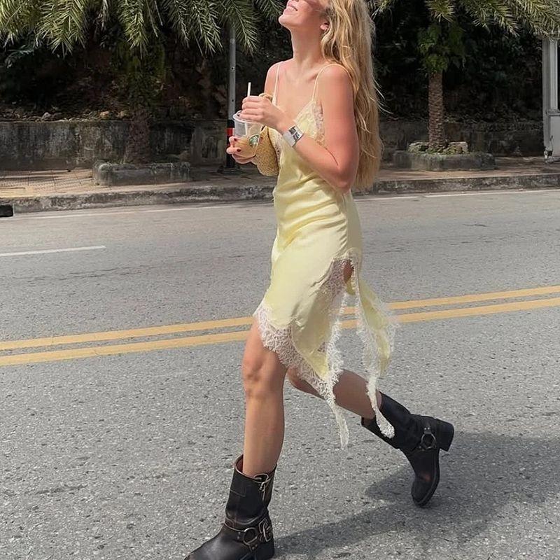 Summer New Arrival Women Clothes Sexy Style V-neck Sleeveless Silk Satin Texture Lace Asymmetric Dress 5919200