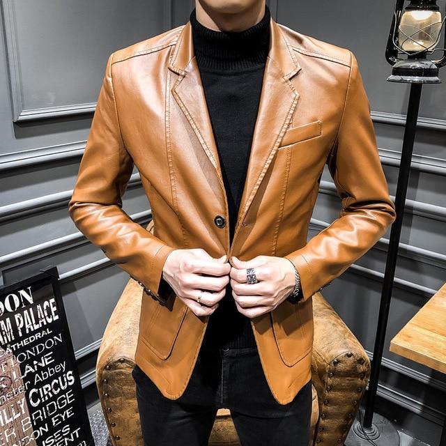 Мужская куртка из искусственной кожи, модная приталенная новая кожаная куртка, мужская деловая повседневная кожаная куртка, пальто