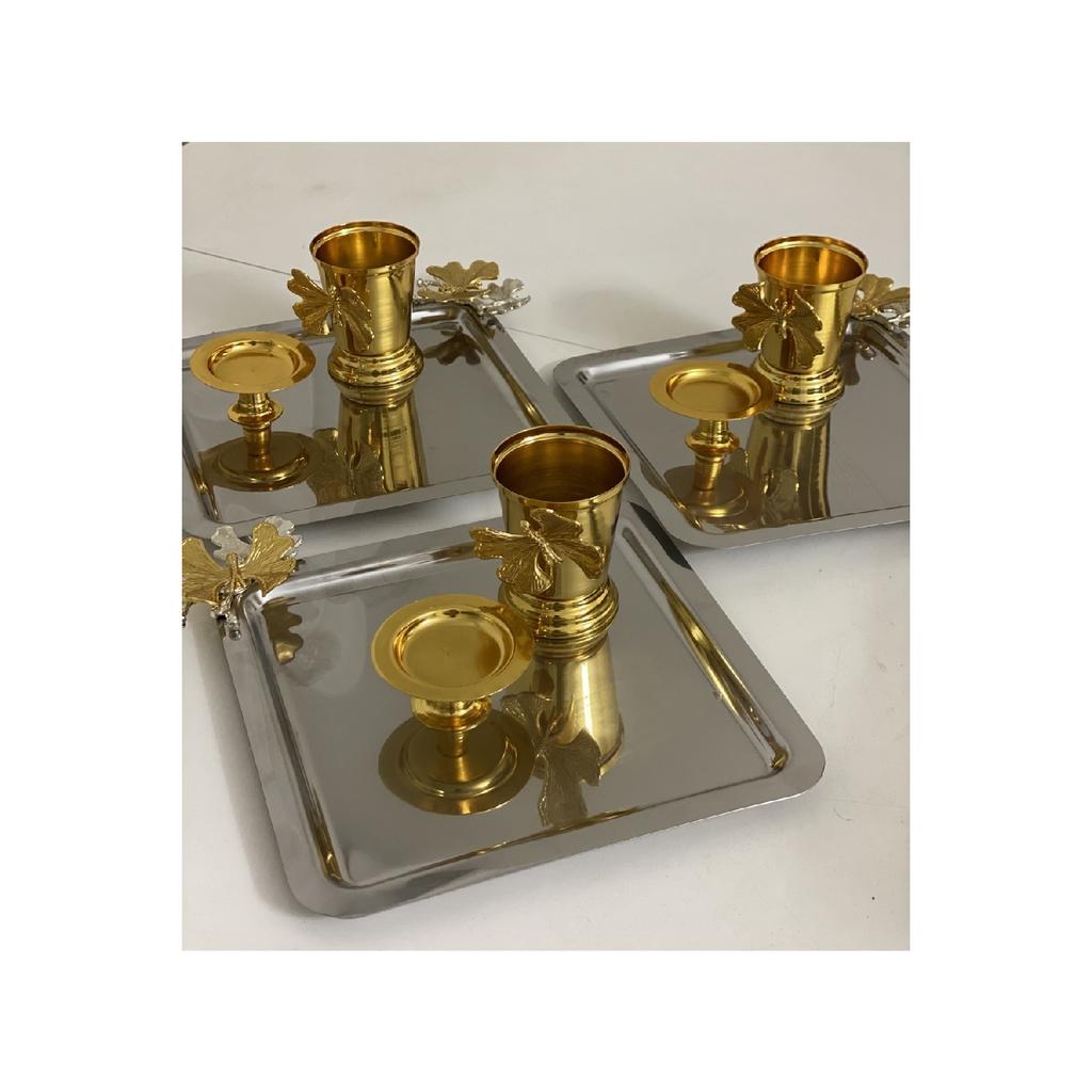 Set Of 3 Stainless Steel Square Tray Gold Macaron Holder And Gold Rose Bucket