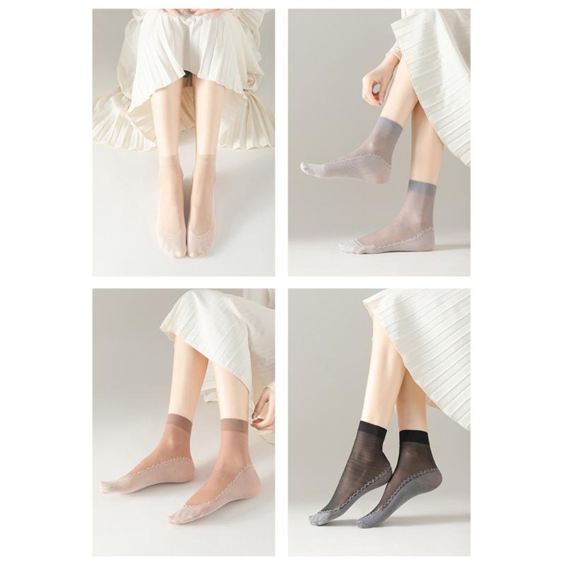 10 Pairs Women Slip-Resistant Cotton Soles Transparent Medium Tube Silk Socks