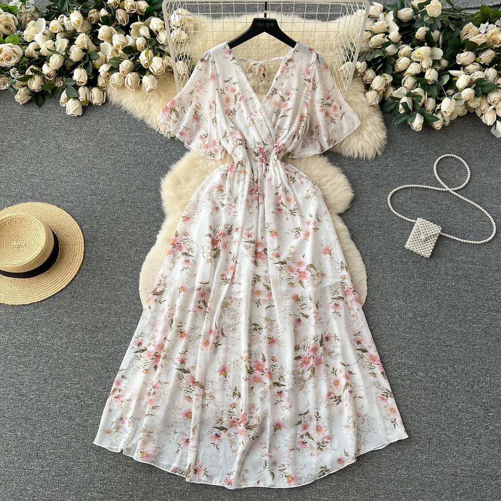 Морское праздничное шифоновое платье с принтом, женское летнее новое обтягивающее талии с v-образным вырезом средней длины, большая распашная юбка, модная