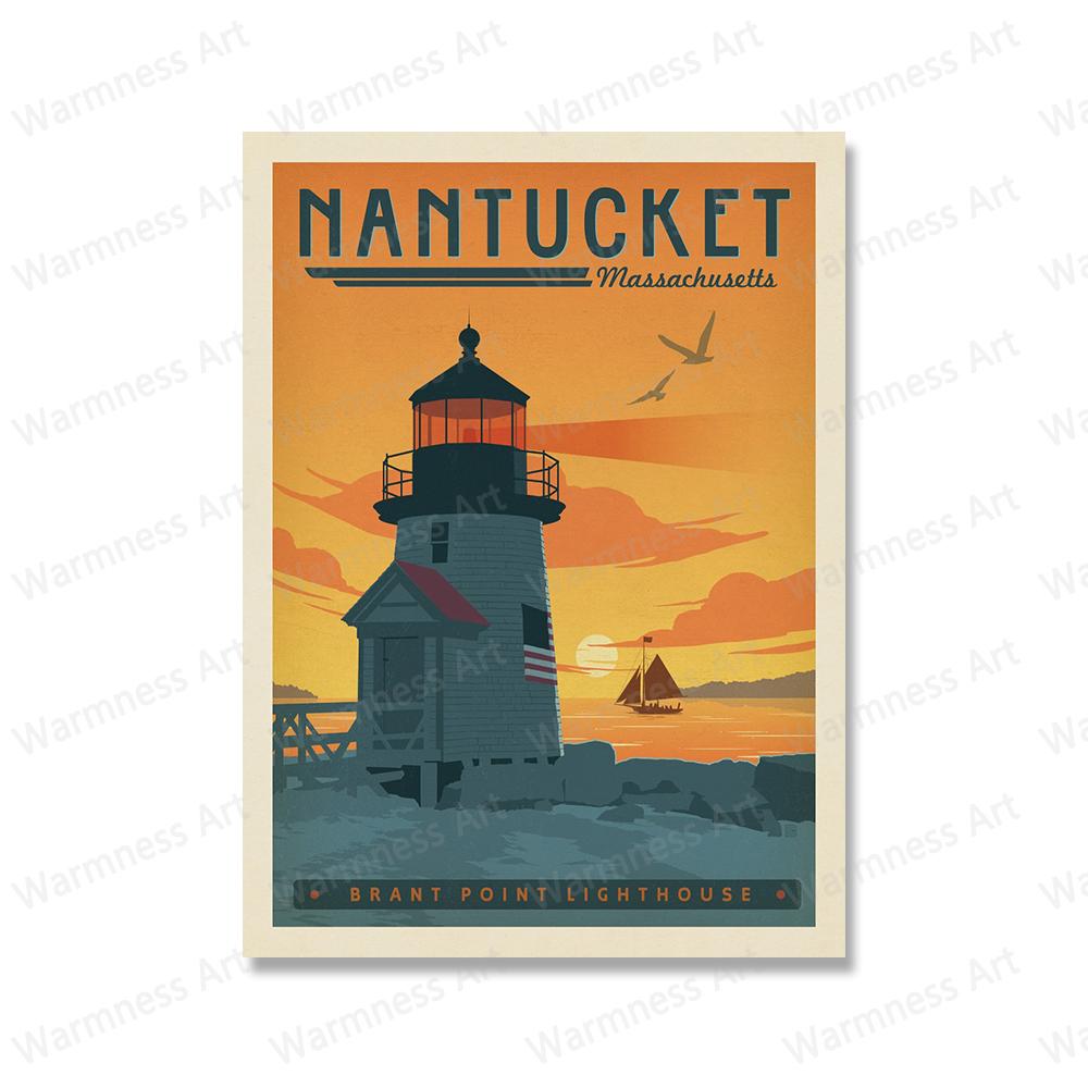 Маяк Морская волна Пейзаж Холст Плакаты Настенная живопись Печать Англия Внешние отмели Остров Сент-Саймонс Живопись Картины Домашний декор Без рамки