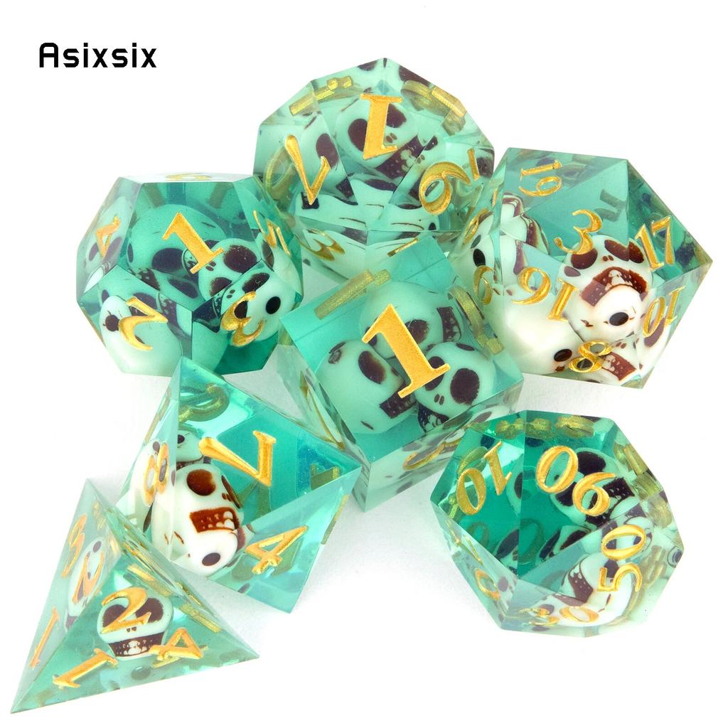 7 шт., зеленый череп, смола, золотой номер, острые края, многогранные кости, подходят для ролевых игр, настольная игра, карточная игра