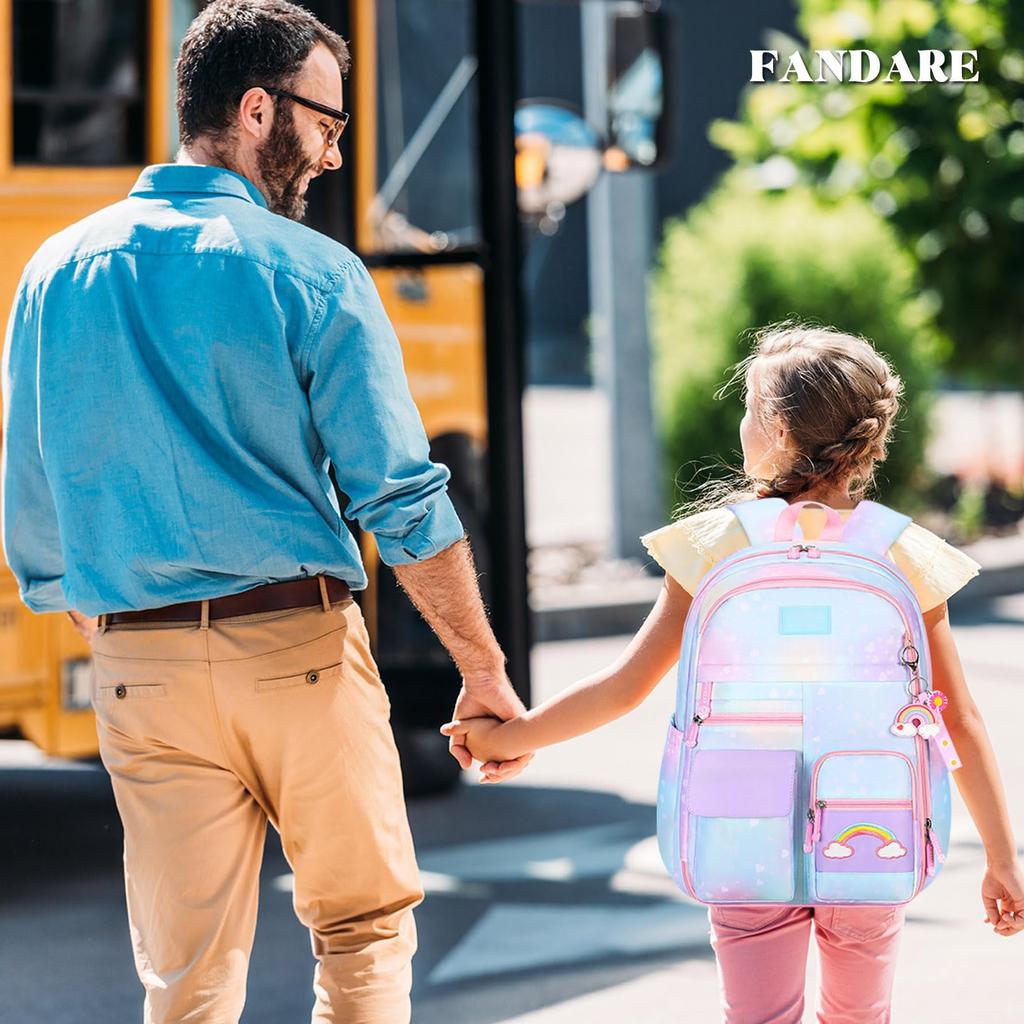 Backpack for Rainbow Decorated Elementary School Large A4 Reflective At Includes Chest Commuting To Entrance Blue [FANDARE] Kids, Girls, Cute,