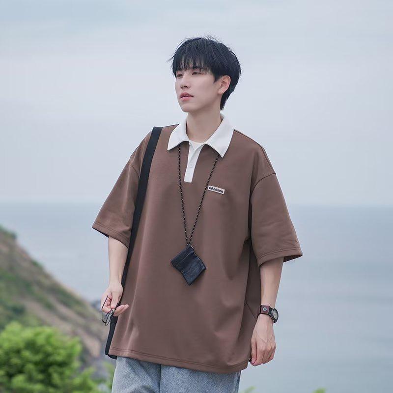 Мужская рубашка-поло в японском стиле в стиле ретро, контрастного цвета, плотная, свободного кроя, короткие рукава