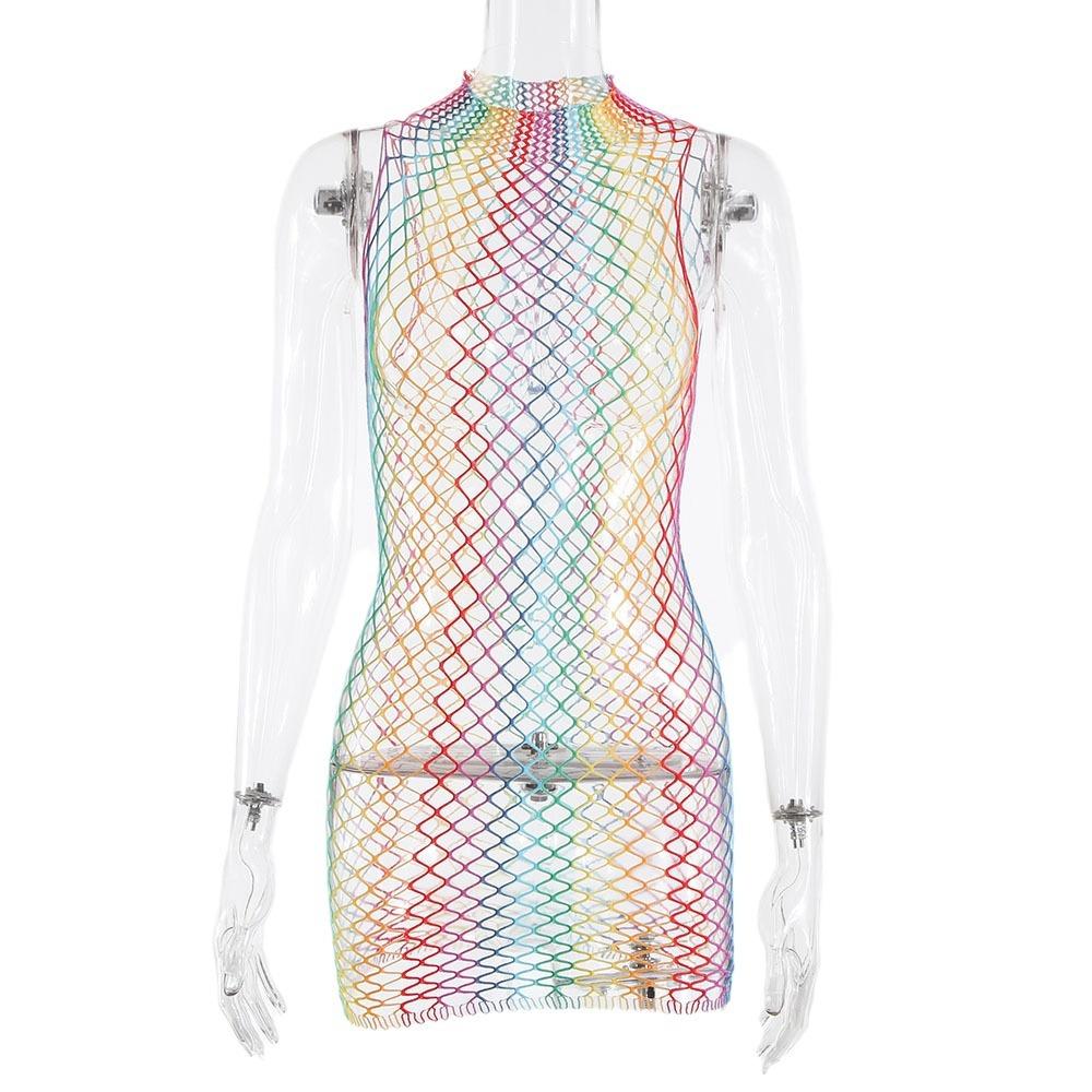 Новое радужное эластичное сексуальное перспективное полое рыболовное сетевое обтягивающее платье без рукавов женская сексуальная одежда