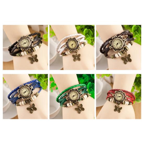 Браслет для часов с подвеской-бабочкой, бусины, плетеный ремешок, ретро, ​​искусственная кожа, многослойный, в богемном стиле, женский браслет, ювелирные изделия на запястье