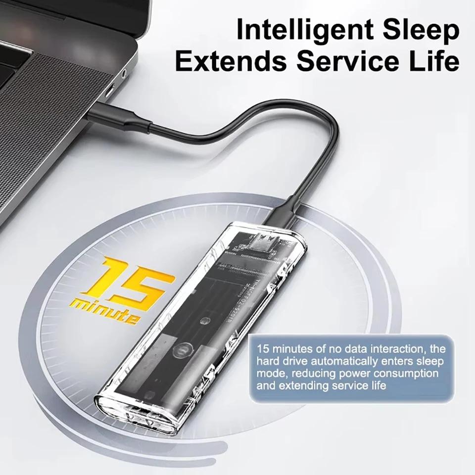 M.2 NVME SATA SSD Enclosure USB Type C 10Gbps 5Gbps PCI-E M2 SSD Transparent External Case Hard Disk Box for M2 2230/2242/2260/2280 SSD