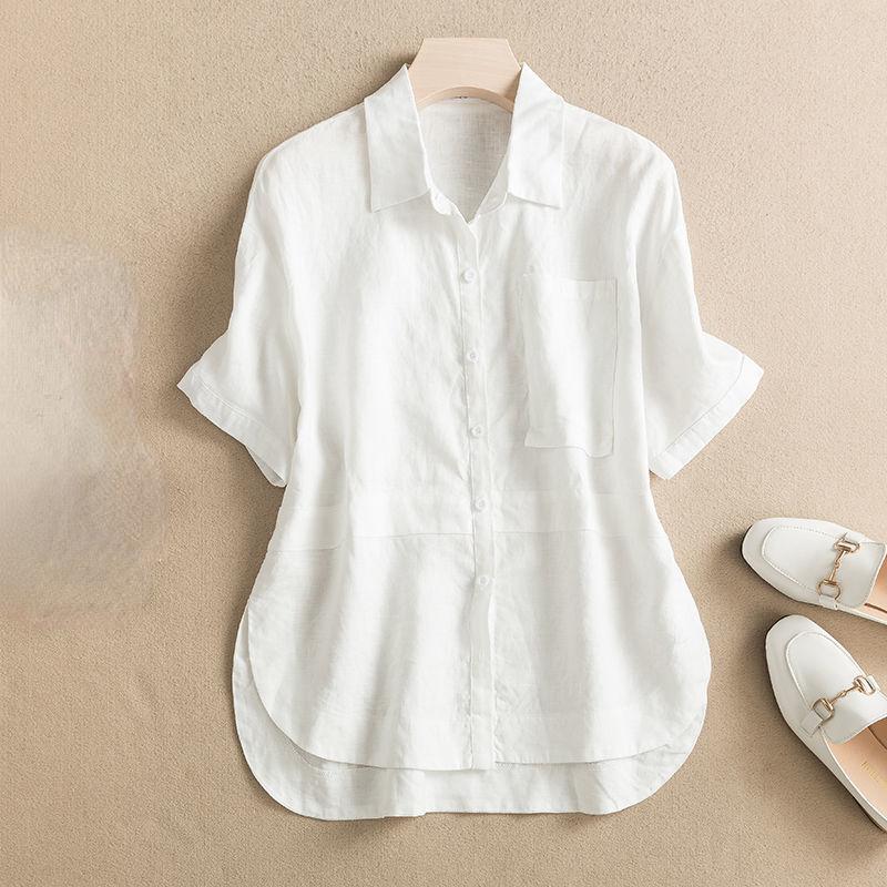Дышащая и легкая хлопково-льняная рубашка для женщин со свободными короткими рукавами