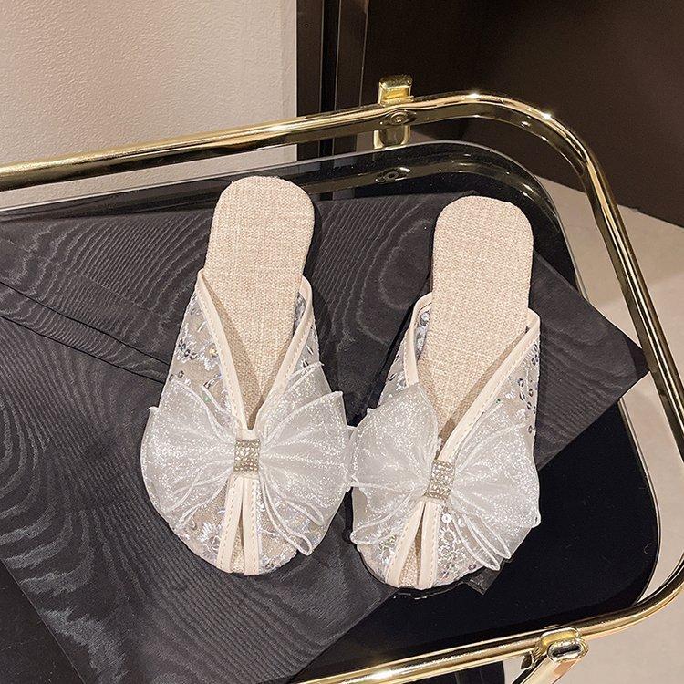 Тапочки из сетчатой ткани Baotou, женские, лето 2024, новые тапочки на плоской подошве с бантом