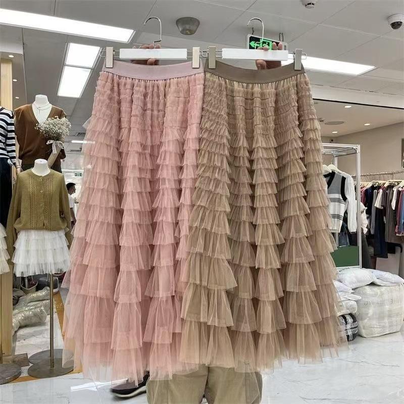 Юбка-торт Юбка-бюстье из сетки Женская юбка-бюстье на весну и осень Юбка из многослойного газа Длинная юбка с высокой талией Пышная юбка Плиссированная длинная юбка