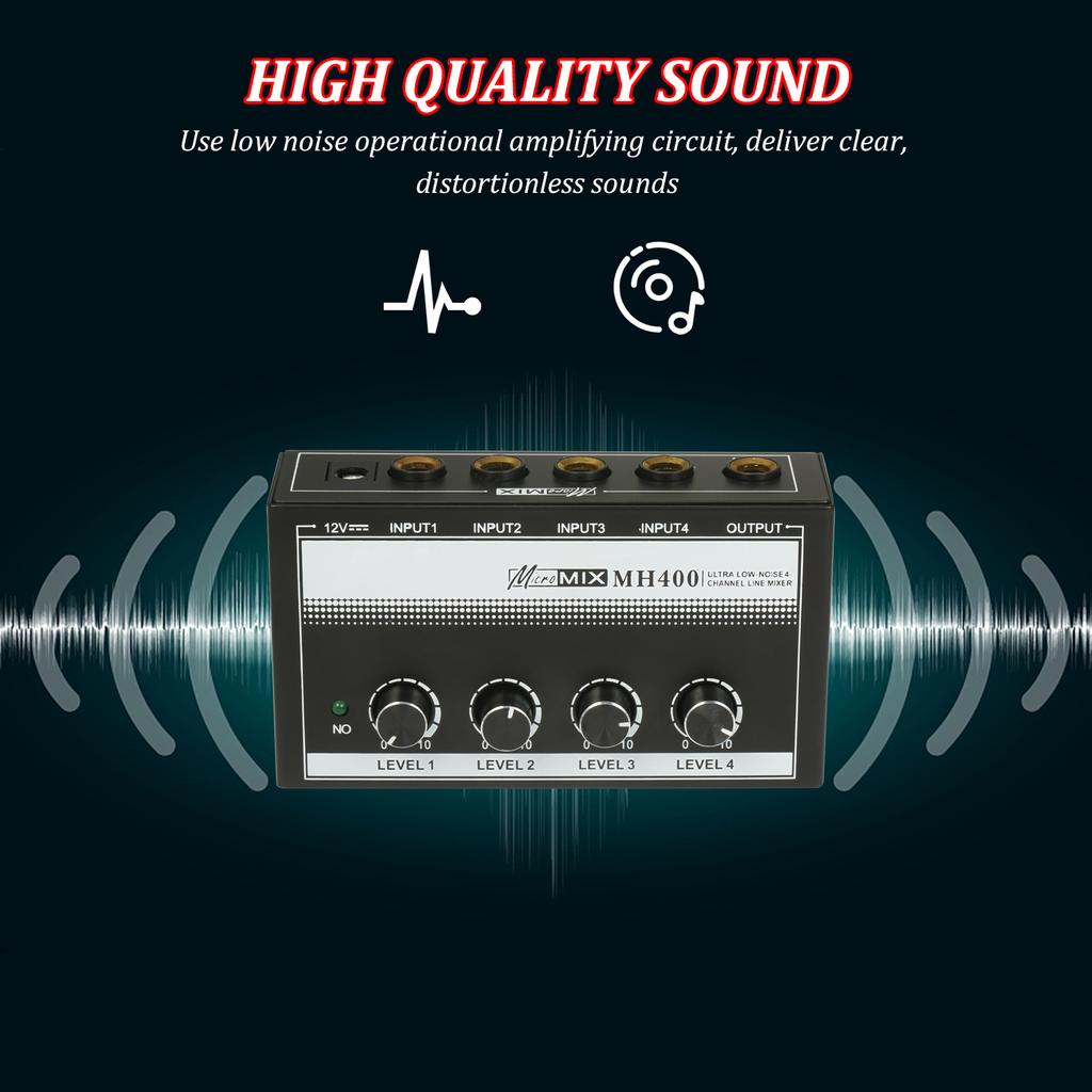 MH400 Ультрамалошумящий 4-канальный линейный микшер Мини-аудиомикшер с 1/4-дюймовыми входами TS и выходной громкостью