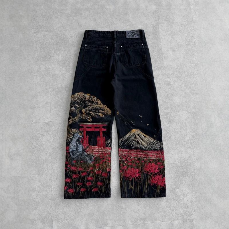 High Quality Vintage Embroidered Wide Leg Jeans Men Women Streetwear