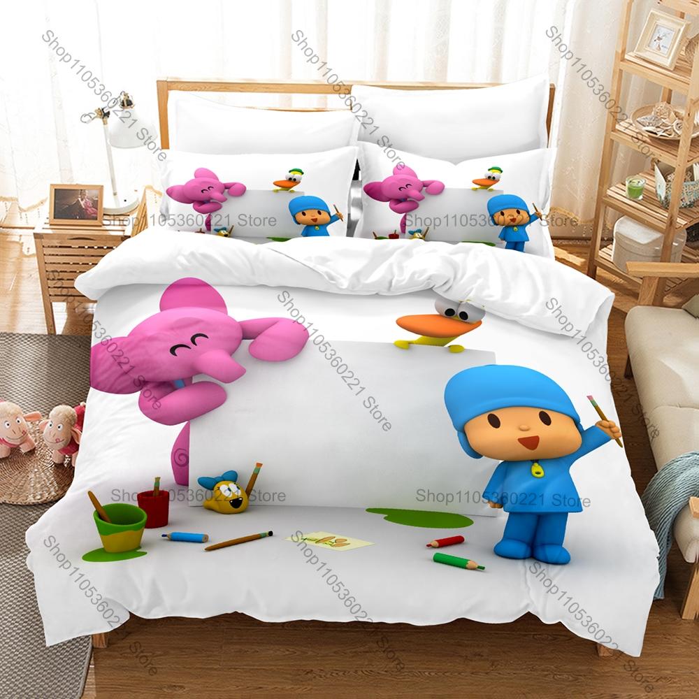 Cool Soft Polyester Microfiber Let's Go Pocoyo Learning Cartoon Themed 3PCS Bedding 1 Duvet Cover + 2 Pillowcases All Season