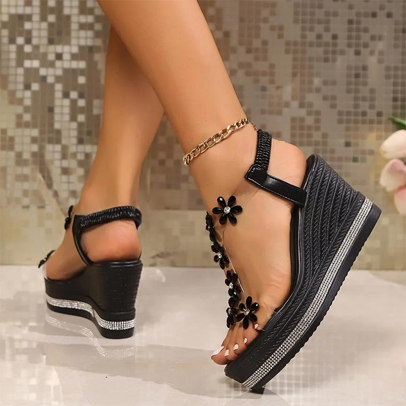 Модные сандалии-клинья с цветочным декором для женщин больших размеров, блестящие хрустальные сабо на массивной платформе, женские сандалии на толстой подошве, удобные, нескользящие