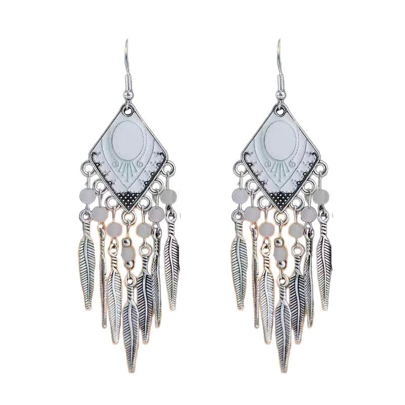 Vintage Ethnic Crystal Drop Oil Dangle Earring for Women Rhombus Leaf Tassel Earrings Vacation Style Jewelry Accessories