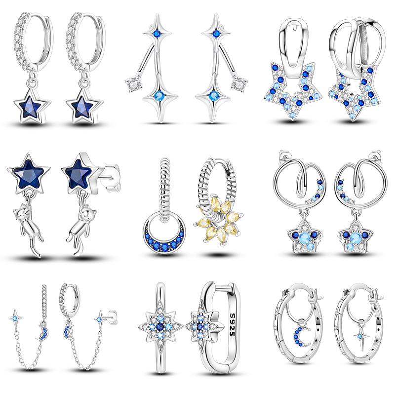 New 925 Sterling Silver Star Moon Earrings for Women Sparkling Zircon Ear Studs Luxury Romantic Fine Jewelry Gift for Girl