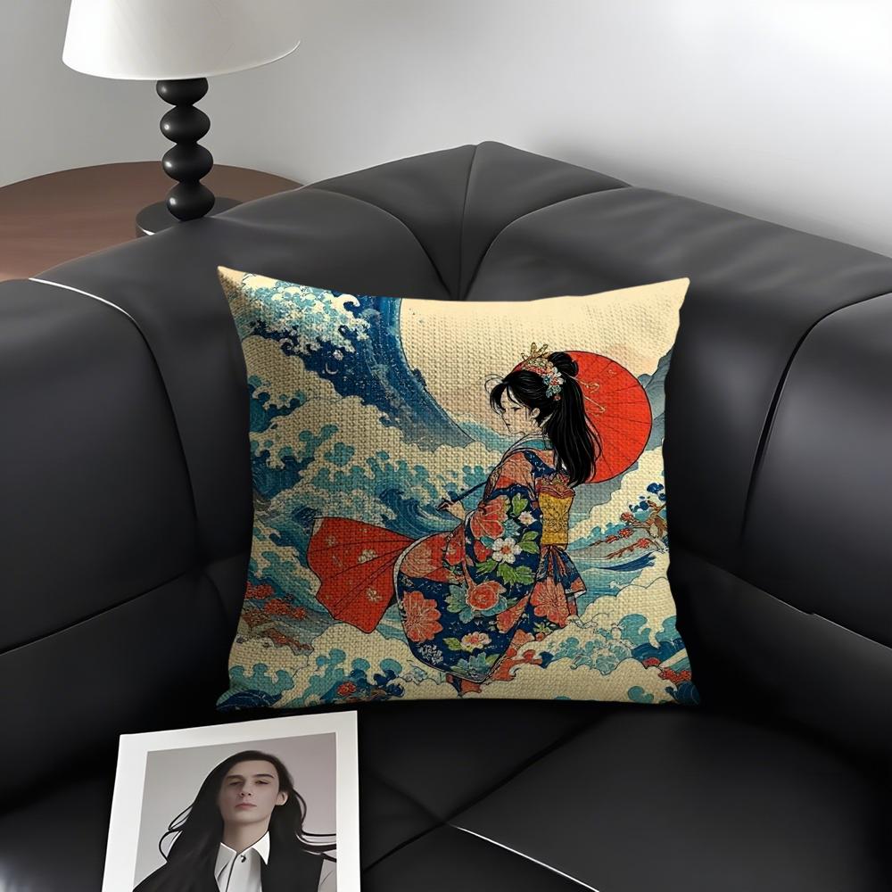 Japanese Ocean Day Cushion Cover Natural Linen Organic Fabric DoubleSided Printing Sofa Home Decor Gift Pillow Case