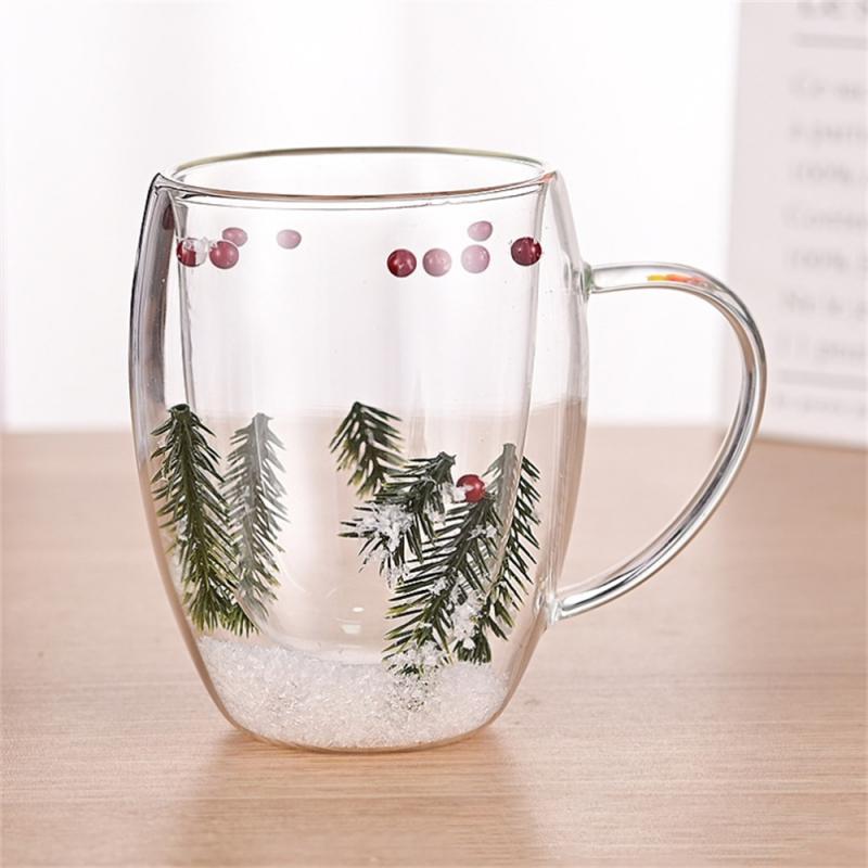 Новая прозрачная стеклянная чашка с двойными стенками, рождественская тема, снежная сцена, стеклянная кофейная чашка, термостойкая, для молока, воды, рождественский подарок
