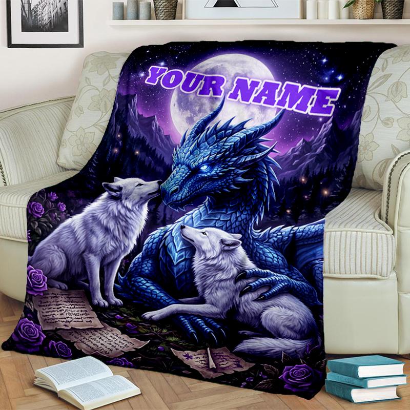 1PC Custom Name Dragon Wolves Moonlight blanket versatile,all-season throw suitable for the living room,bedroom,camping,travel,and gift