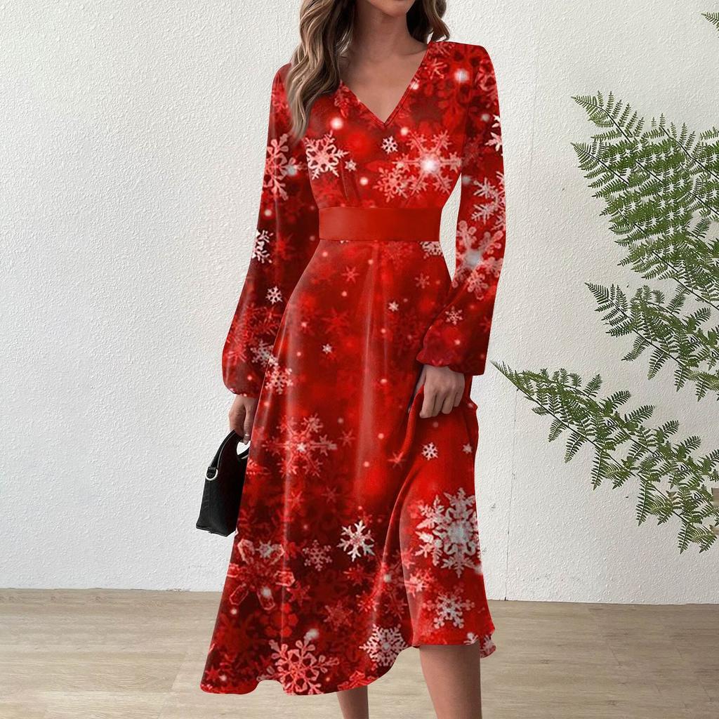 Женское осеннее и зимнее повседневное модное длинное платье с v-образным вырезом и длинным рукавом с рождественским принтом
