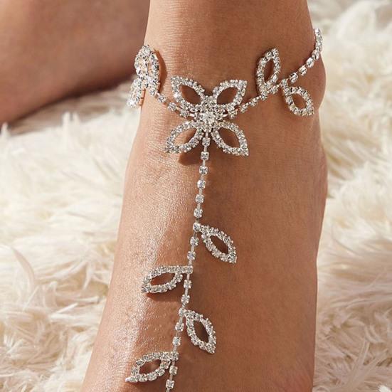 Регулируемая удлиненная цепочка для женщин, браслет на ногу с блестящими стразами и листьями, цепочка для ног с кольцом на пальце ноги