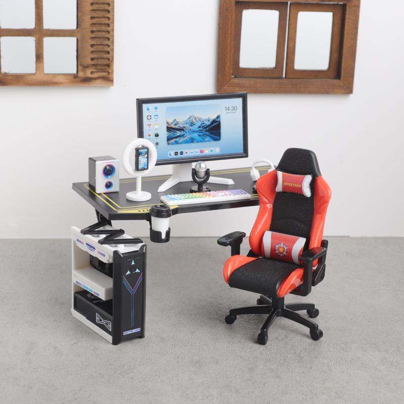 Tiny Gaming Desk Chair Set 1/12 Dollhouse Size with Simulated Monitor Host Model for Doll House Collection DIY Decor