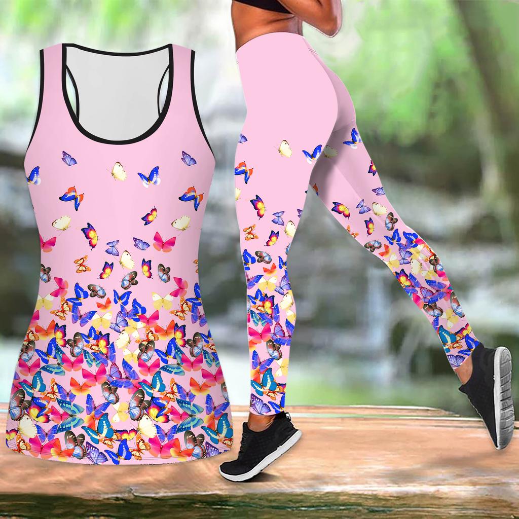 Пластиковый принт бабочки йога костюм для женщин модные леггинсы для тренировок фитнес спортивный повседневный комплект для йоги спортивный костюм