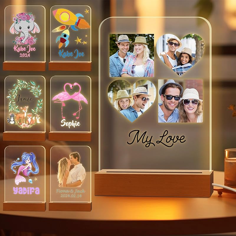 Персонализированный ночник для детей, выгравированное имя, акриловые светодиодные лампы с деревянной основой для детской спальни, декоративный ночник, индивидуальный день рождения