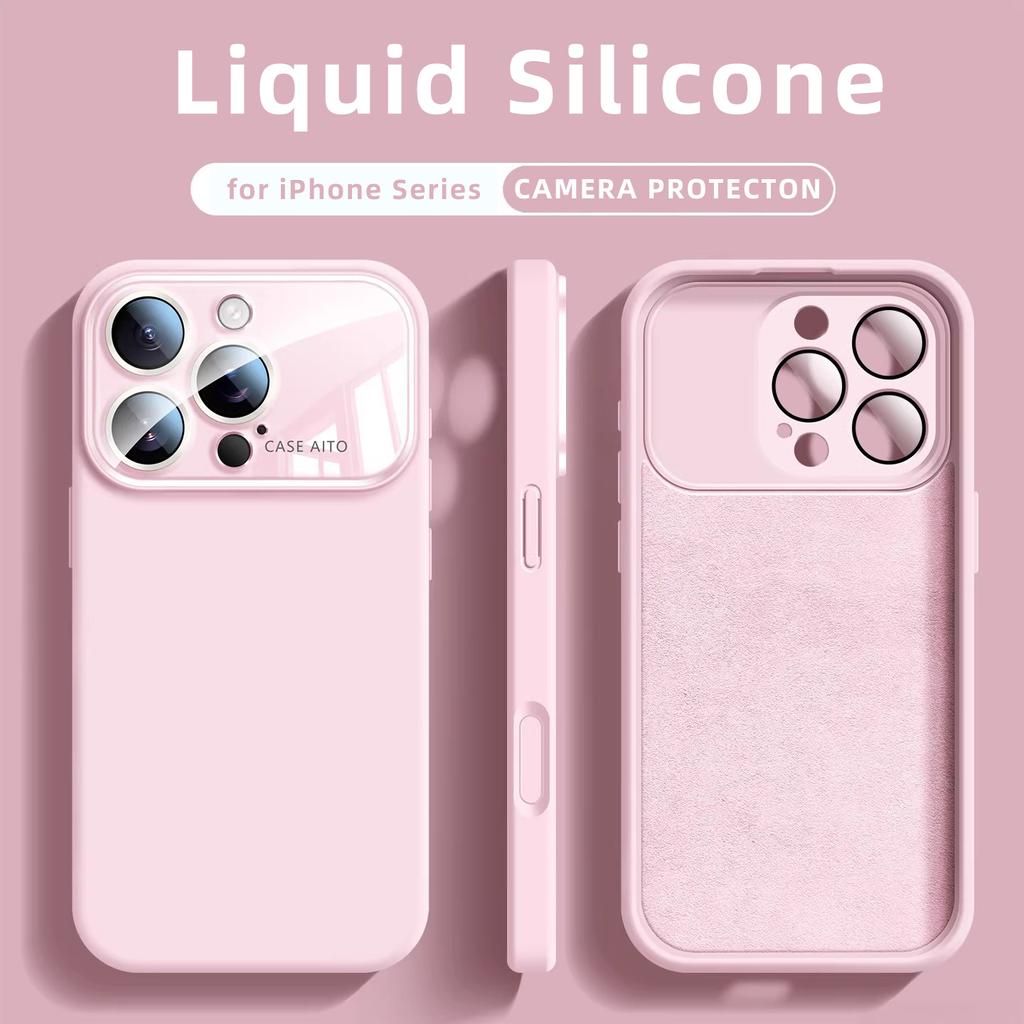 Оригинальный чехол из жидкого силикона для iPhone 17 16 15 14 13 Pro Max 17Pro Air Glass Большое окно Защита камеры Мягкая крышка
