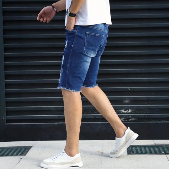Men Denim Shorts Straight Tapered Legs Ripped Holes Design Knee-Length Shorts Versatile
