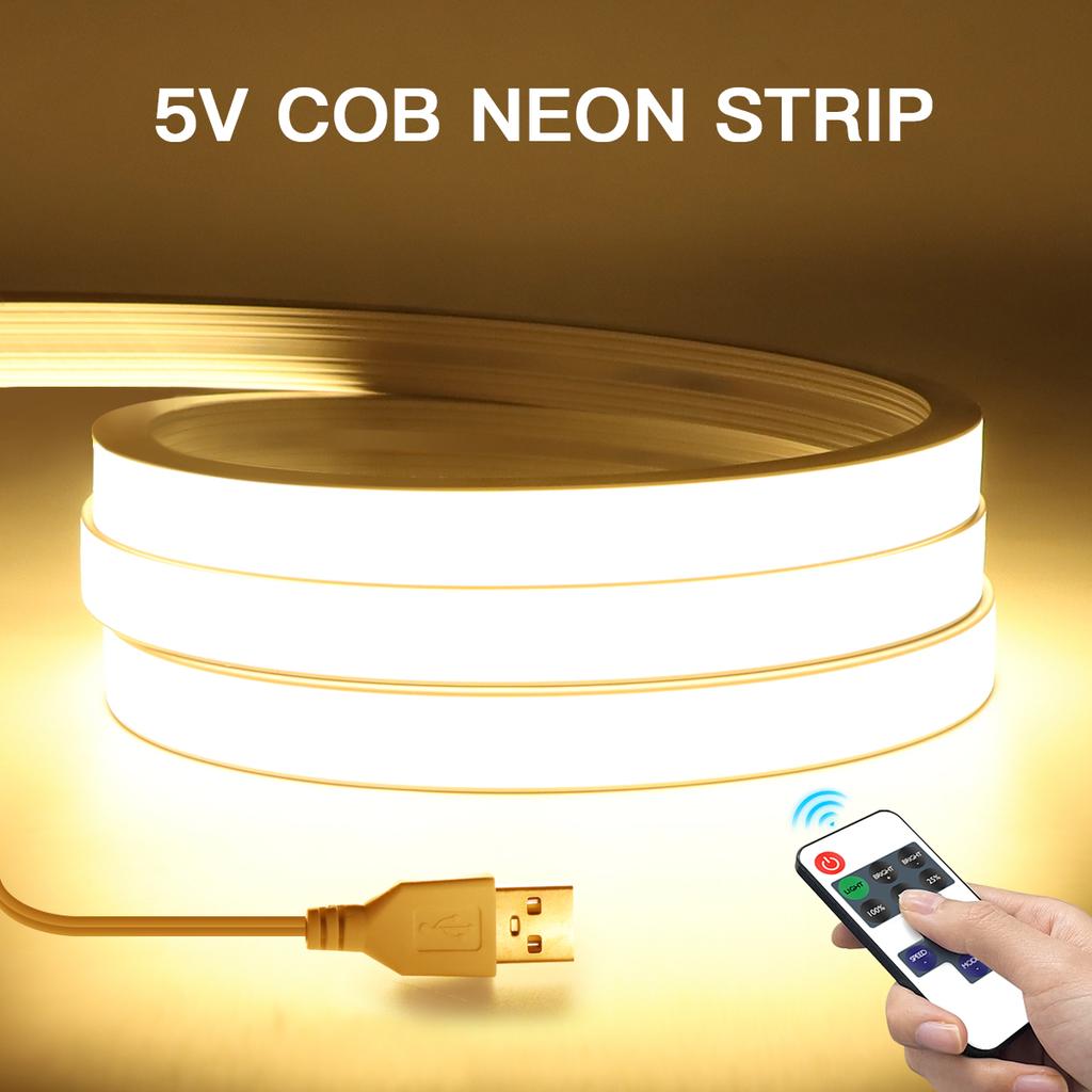 USB 5V Remote Control Dimmable Pure Silicone Tube COB Neon LED Strip Light Waterproof For Garden Bedroom Kitchen Backlight Decor